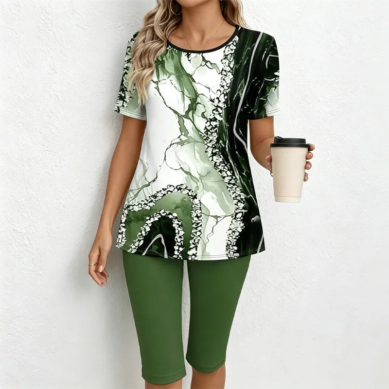 Set Casual de Damă din 2 Piese: Tricou cu Imprimeu Marmură și Pantaloni Capre – Material Moale, Respirabil și Elastic, Stil Lejer de Vară