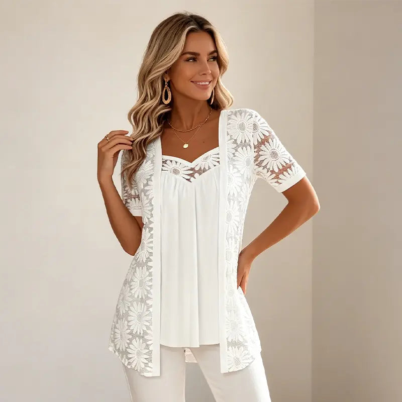 👚 Bluze Elegante Efect 2-în-1 cu Dantelă și Mesh – Design Anti-Burtică pentru Subțiere, 5 Culori, Mărimi S-4XL! 🌸✨