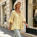 Bluză de Damă Elegantă cu Volane și Șnur la Decolteu, Mâneci Trei Sferturi Tip Clopot, Cămașă Texturată în Stil Boho-Chic, Model Peplum Lejer