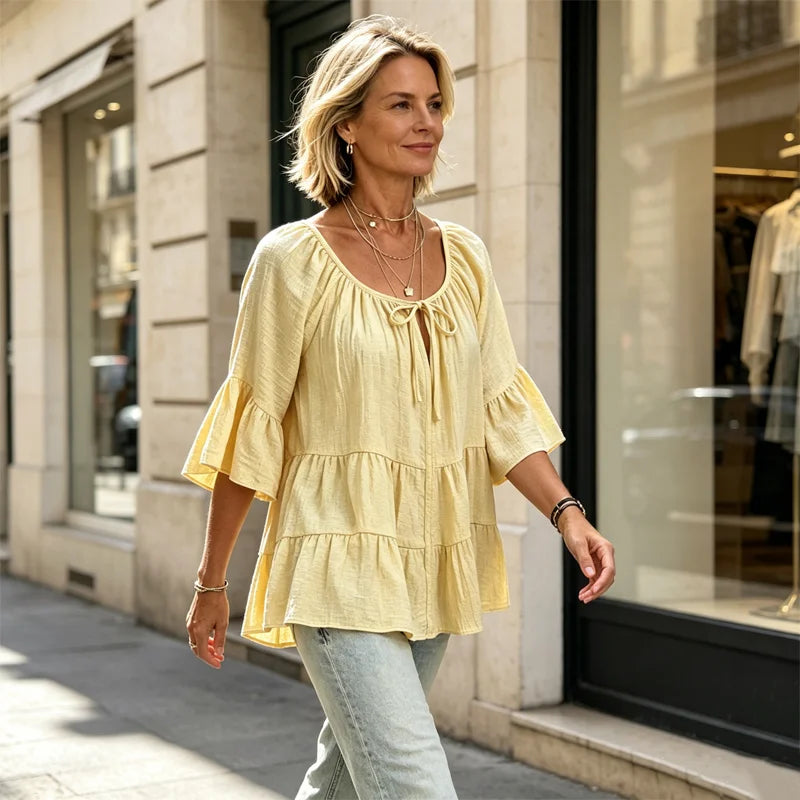 Bluză de Damă Elegantă cu Volane și Șnur la Decolteu, Mâneci Trei Sferturi Tip Clopot, Cămașă Texturată în Stil Boho-Chic, Model Peplum Lejer