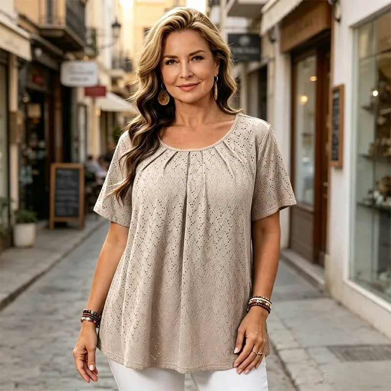 Bluză Elegantă de Damă cu Broderie Sparte și Pliuri la Decolteu, Tricou Lejer cu Mânecă Scurtă, Cămașă Texturată în Stil Francez