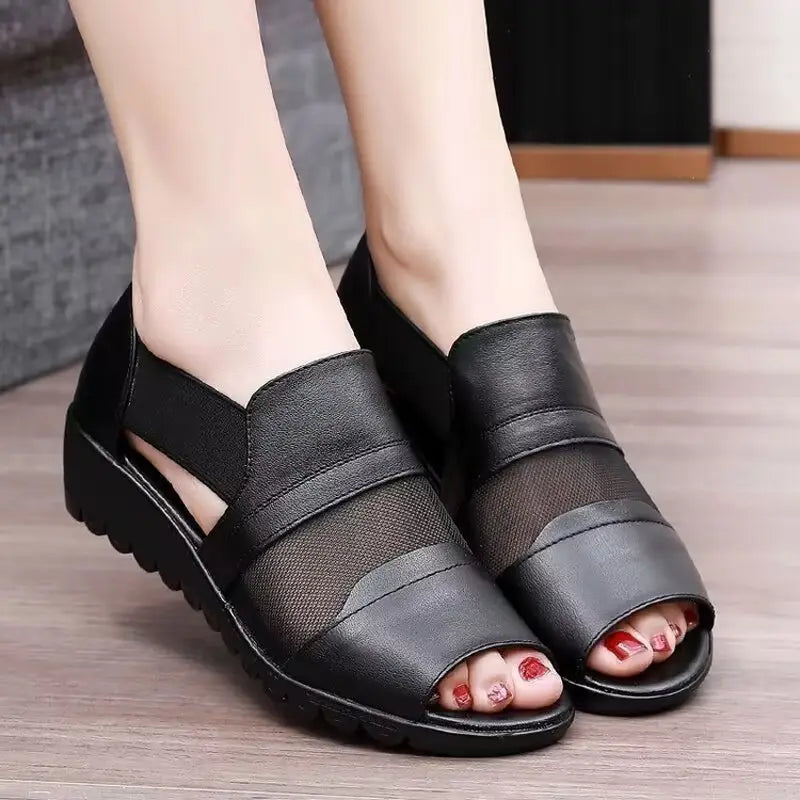 👡Sandale Elegante Franceze din Piele Naturală cu Toc Wedge