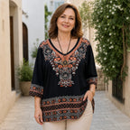 Bluză de Damă Elegantă cu Imprimeu Boho și Decolteu în V, Croială Lejeră, Stil Retro Etnic, Material Fin și Răcoros