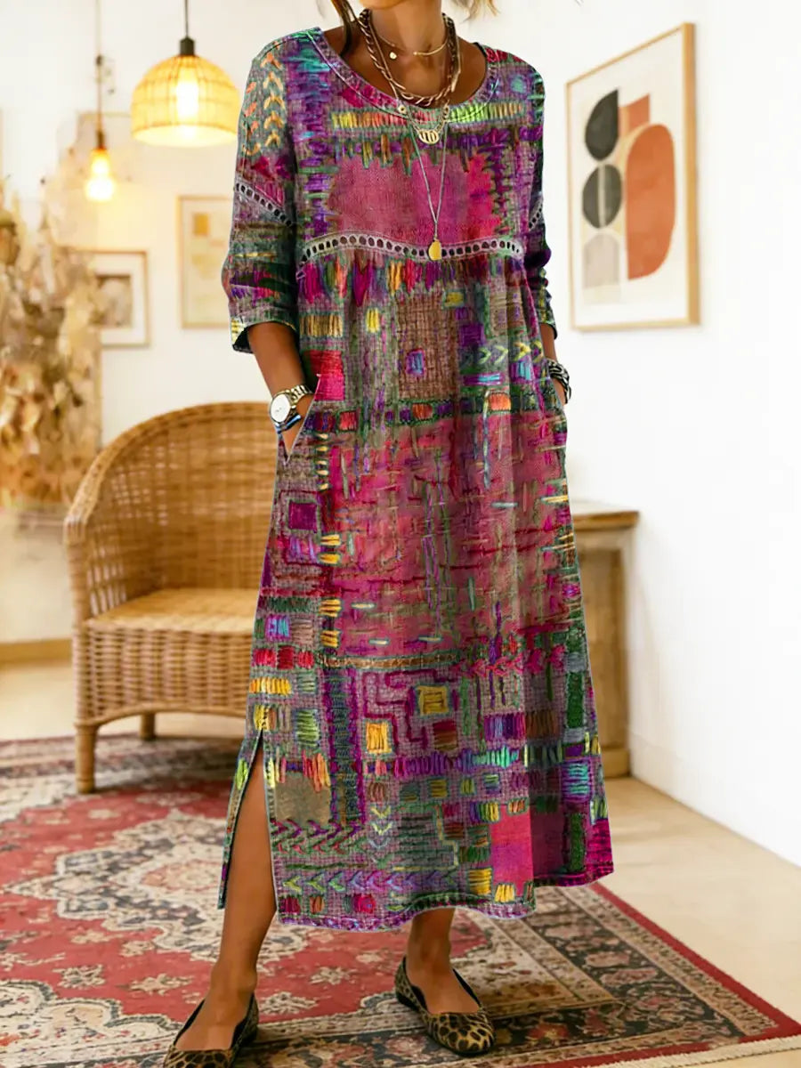 💟【S-5XL】Rochie de damă din bumbac cu imprimeu etnic și patchwork, cu bordură din dantelă
