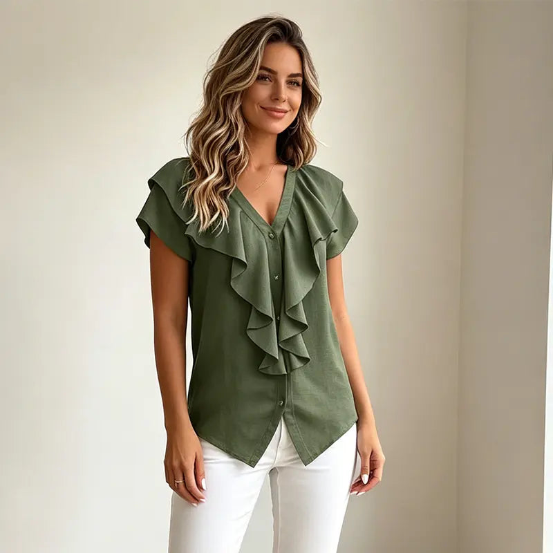 Bluză Elegantă de Vară pentru Femei cu Decolteu în V – Cămașă Lejeră cu Volane și Nasturi, Material Moale, Respirabil și Răcoros