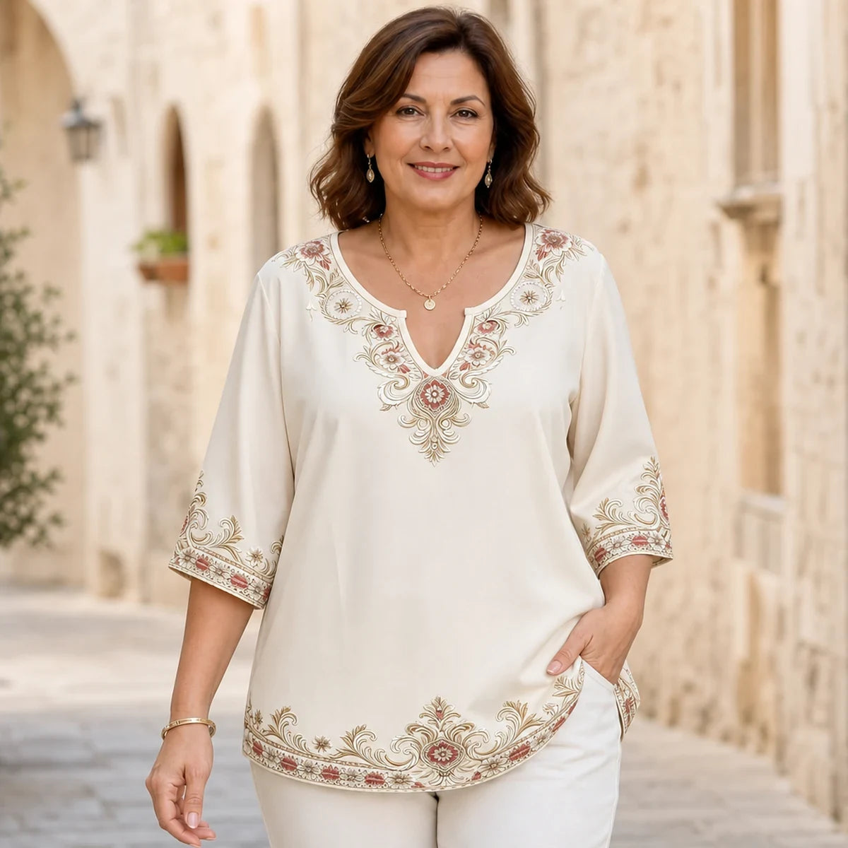Bluză cu mânecă scurtă, decolteu în V și broderie retro, mărimi mari