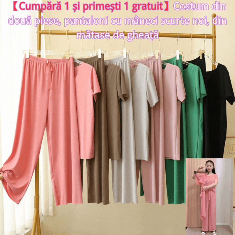 🏆【50%OFF】【M-4XL】Costum din două piese, pantaloni cu mâneci scurte noi, din mătase de gheață