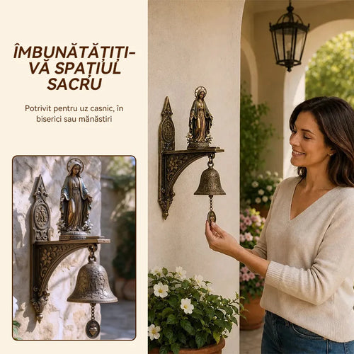 Clopoțel de perete vintage cu Fecioara Maria (Medalia Miraculoasă), din rășină premium aspect bronz antic, decorațiune sacră pentru poartă și grădină