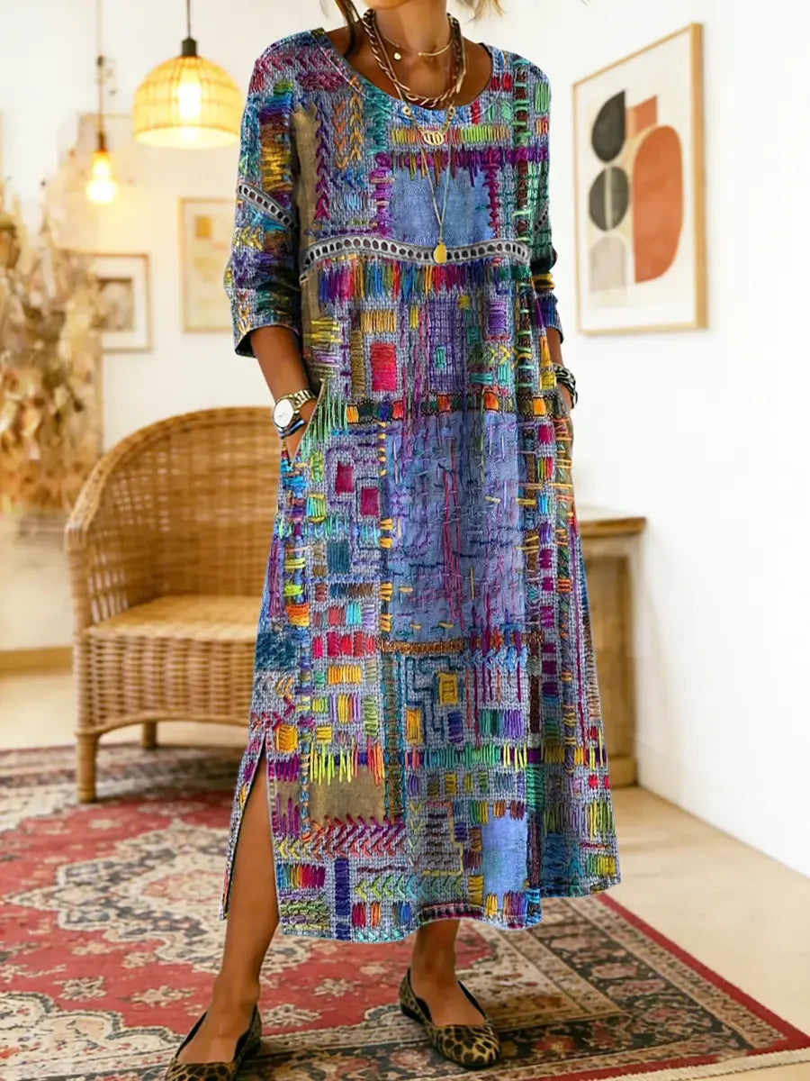💟【S-5XL】Rochie de damă din bumbac cu imprimeu etnic și patchwork, cu bordură din dantelă