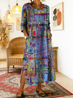 💟【S-5XL】Rochie de damă din bumbac cu imprimeu etnic și patchwork, cu bordură din dantelă