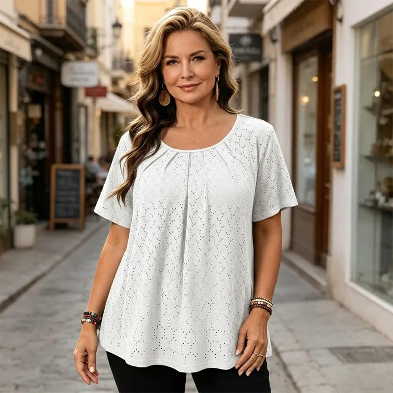 Bluză Elegantă de Damă cu Broderie Sparte și Pliuri la Decolteu, Tricou Lejer cu Mânecă Scurtă, Cămașă Texturată în Stil Francez