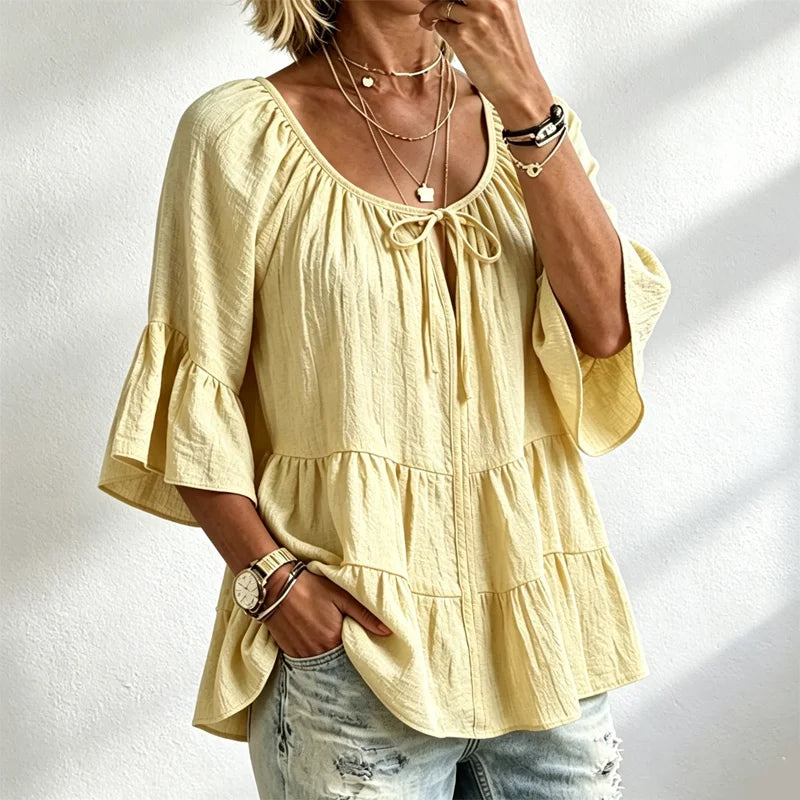 Bluză de Damă Elegantă cu Volane și Șnur la Decolteu, Mâneci Trei Sferturi Tip Clopot, Cămașă Texturată în Stil Boho-Chic, Model Peplum Lejer