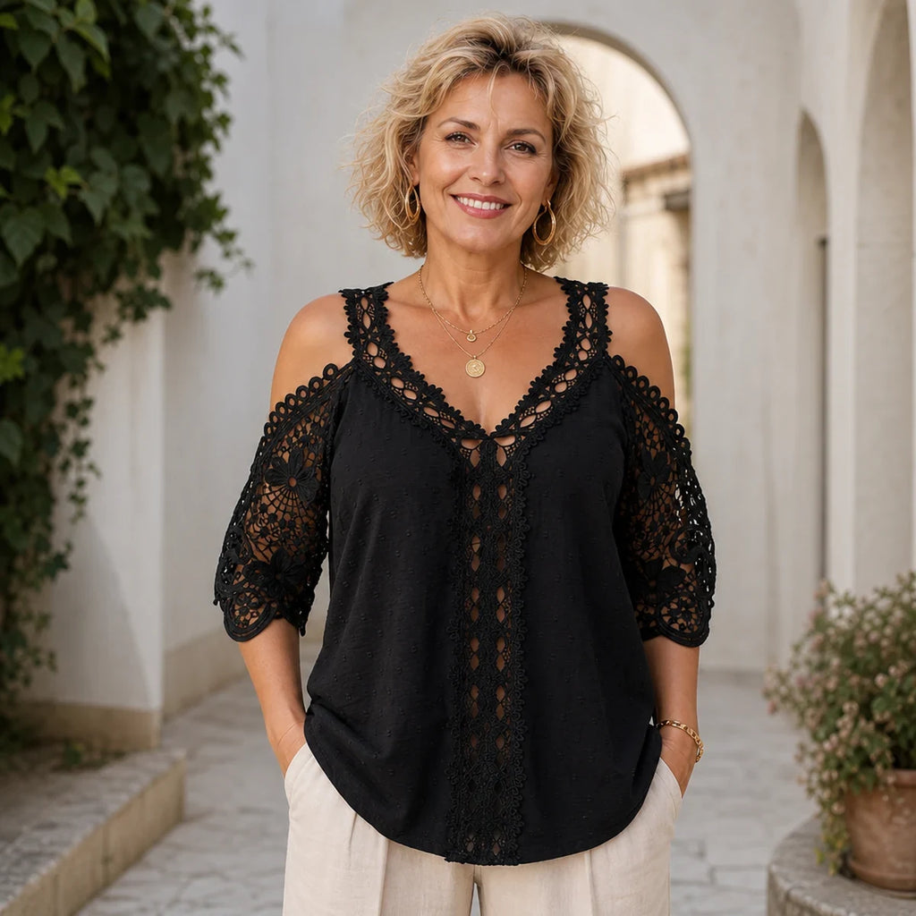 Bluză la modă cu mânecă scurtă umeri goi dantelă și decupaje