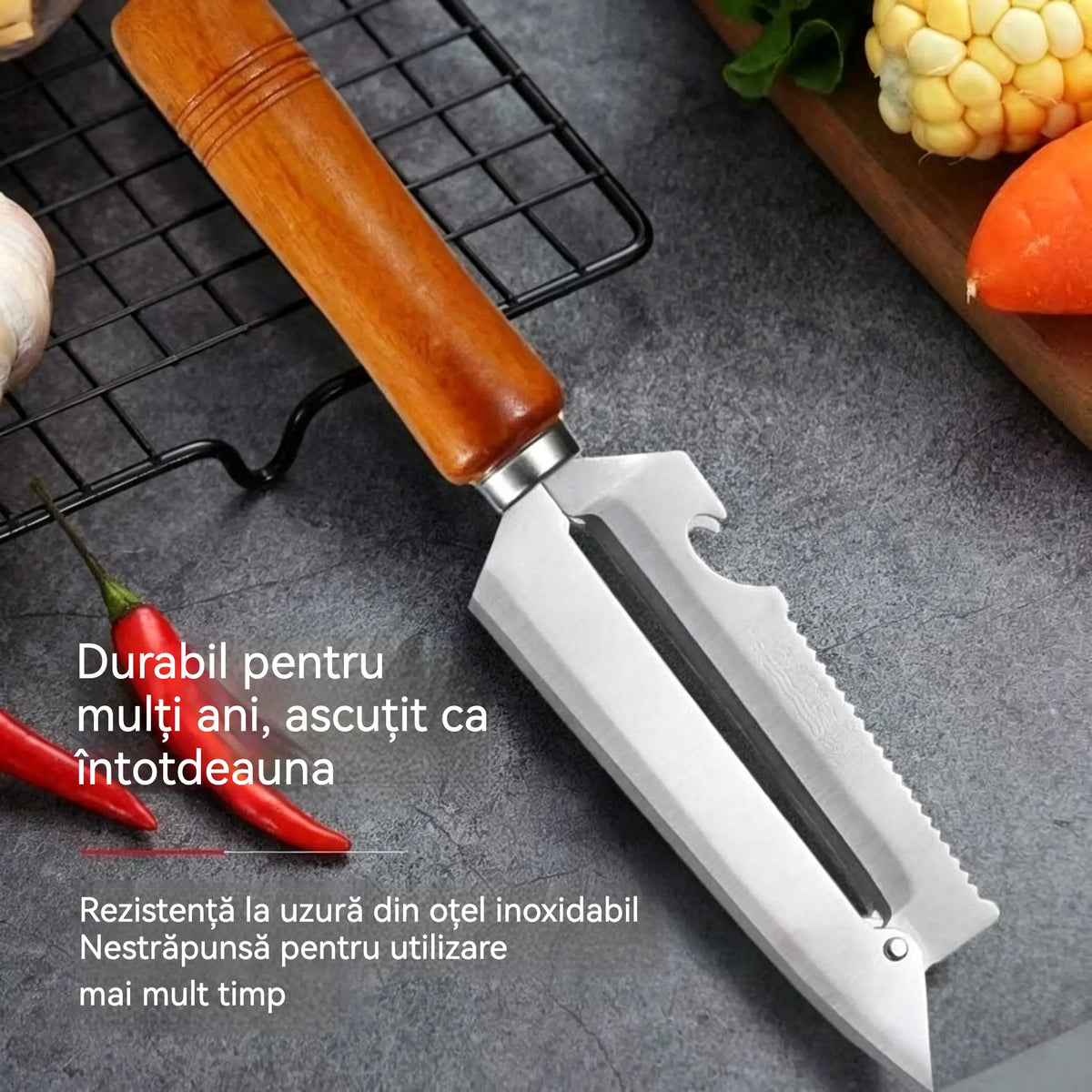 ✨ Decojitor de Bucătărie Multifuncțional: fabricat din oțel inoxidabil cu mâner ergonomic, ideal pentru fructe, legume și carne 🔪