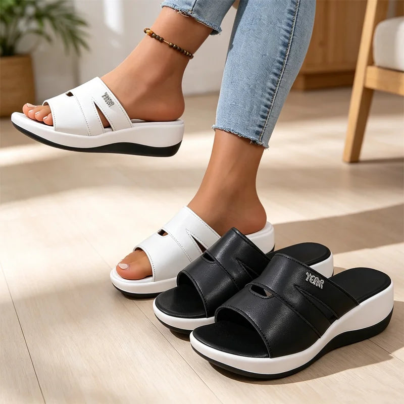 🖤Papuci eleganți din piele naturală, cu strasuri și talpă tip pană