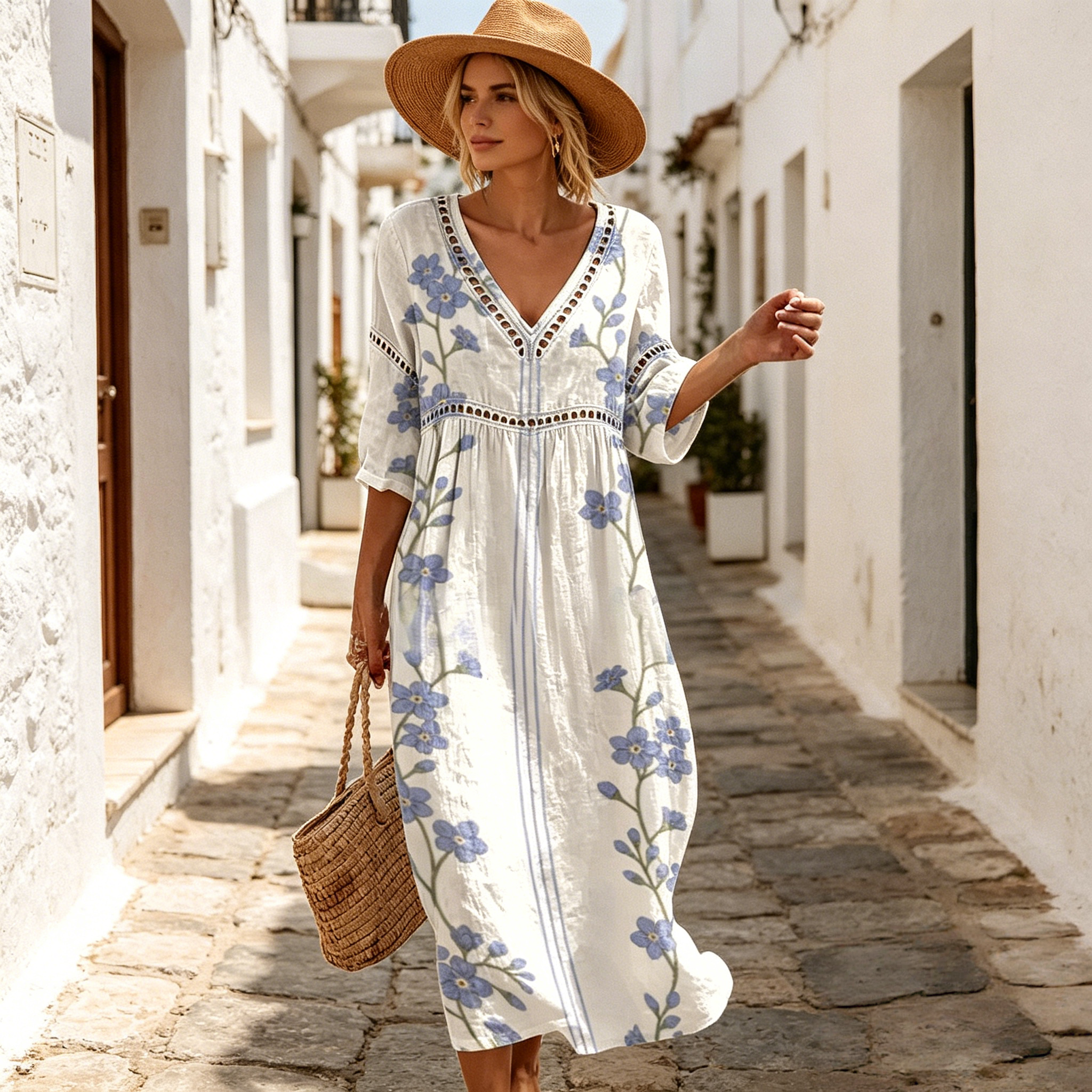 👗【S-3XL】Rochie lungă de damă din bumbac și in cu imprimeu - stil de vară, decolteu în V