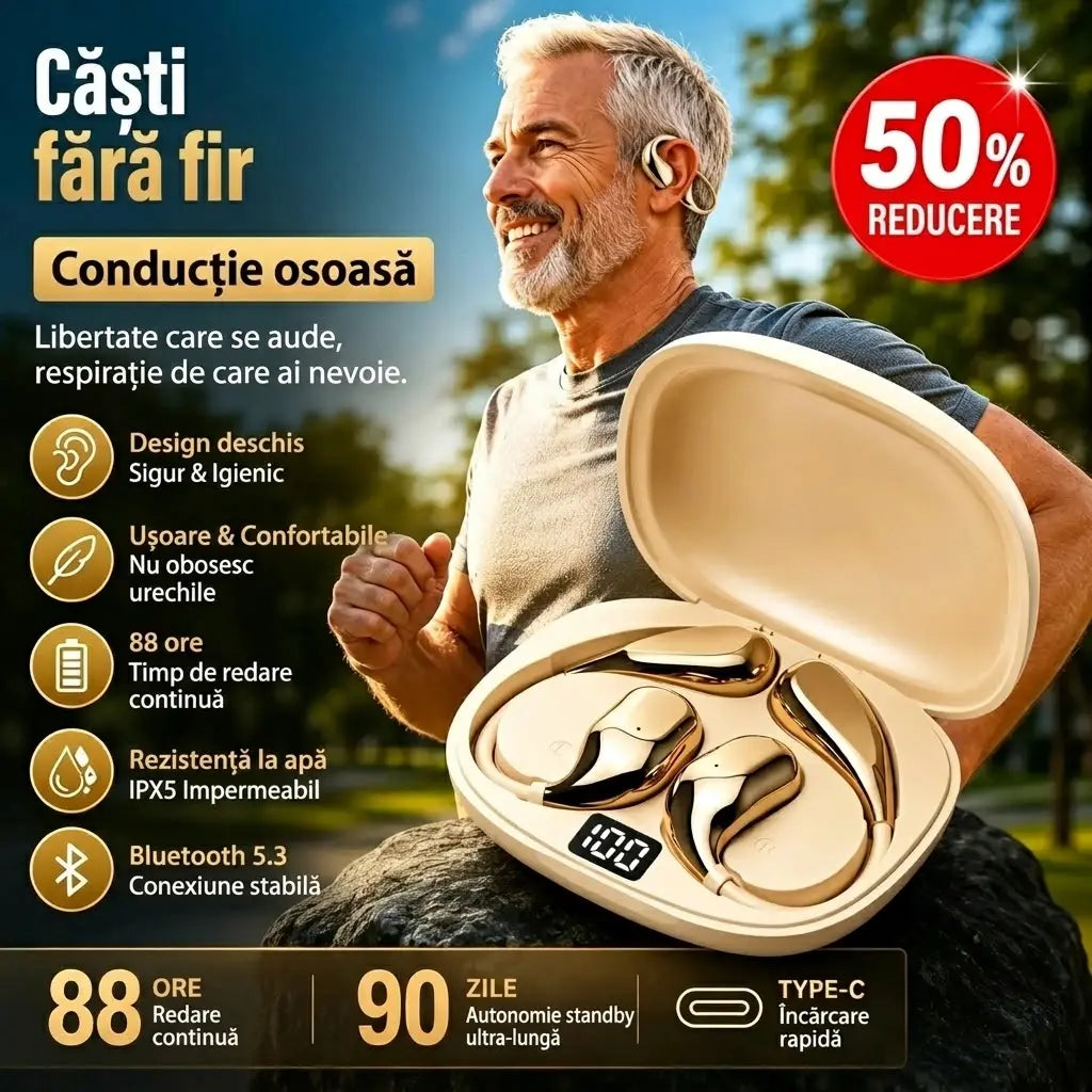 🔋 Căști wireless Bluetooth fără dopuri intraauriculare, cu cârlig pentru ureche și tehnologie de conducție osoasă 🎙️🎧