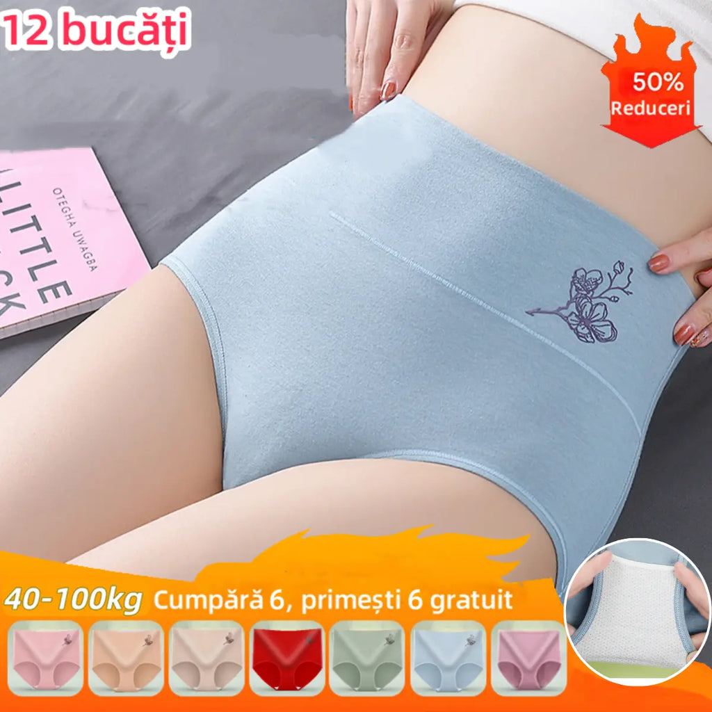 💖【Set de 6 bucăți】Chiloți din bumbac pur cu talie înaltă, efect de ridicare a feselor, mărimi mari