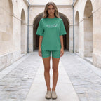 Set de Damă din 2 Piese cu Tricou Oversized și Pantaloni Scurți de Biciclist, Material Elastic, Respirabil și Moale