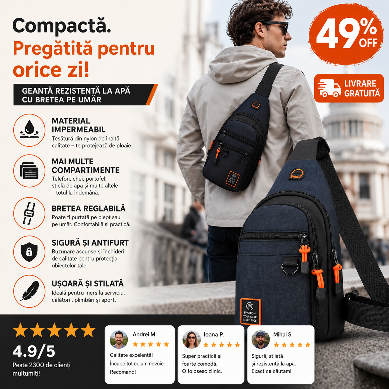 Cumperi 1, primești 1 gratuit 🎒✨ Geantă de umăr impermeabilă cu buzunare multiple – organizare practică, curea reglabilă și orificiu pentru căști
