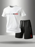✨【Plata la livrare】Set sport de vară pentru bărbați, format din 2 piese - tricou confortabil cu mânecă scurtă și pantaloni scurți pentru purtare zilnică și relaxare acasă