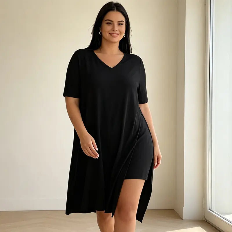 Set de Vară 2 Piese Dama Plus Size, Tricou Lung cu Crăpătură Laterală și Pantaloni Scurți, Material Moale, Elastic și Respirabil