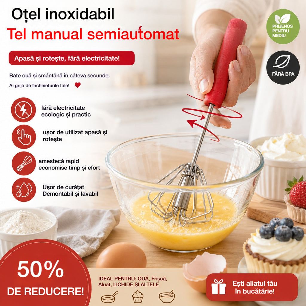 🥳Cumpără 1 Primești 1 Gratuit💪Peste 50.000 de bucăți vândute! 🥚Tel manual semiautomat: se rotește prin simpla apăsare, fără electricitate. Bate ouăle și frișca în doar câteva secunde! ✨
