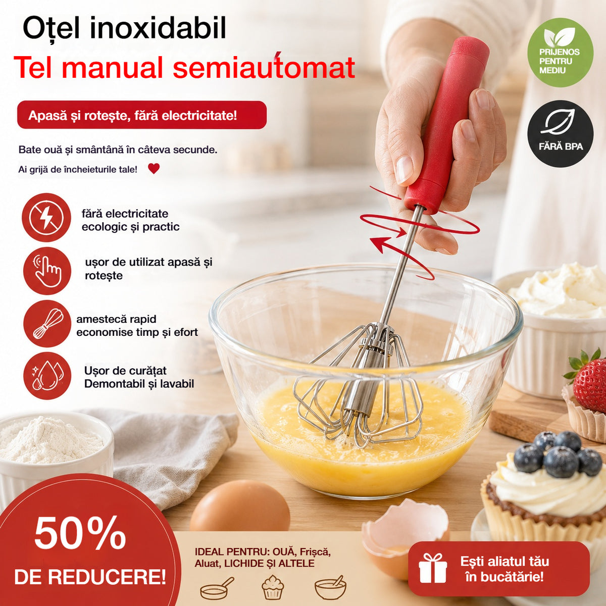 🥳Cumpără 1 Primești 1 Gratuit💪Peste 50.000 de bucăți vândute! 🥚Tel manual semiautomat: se rotește prin simpla apăsare, fără electricitate. Bate ouăle și frișca în doar câteva secunde! ✨