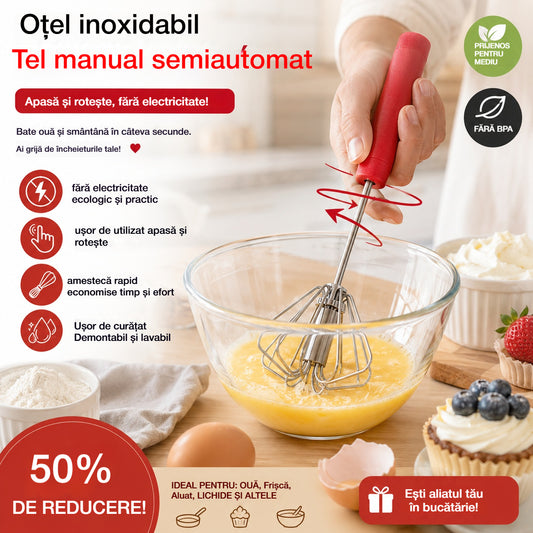 🥳Cumpără 1 Primești 1 Gratuit💪Peste 50.000 de bucăți vândute! 🥚Tel manual semiautomat: se rotește prin simpla apăsare, fără electricitate. Bate ouăle și frișca în doar câteva secunde! ✨
