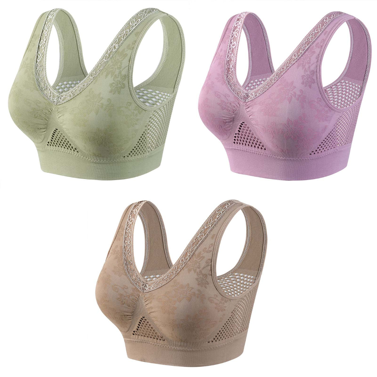 😍❤️40-120 kg【Pachet de 3】✨ Sutien de damă cu susținere înaltă, fără armătură, din dantelă