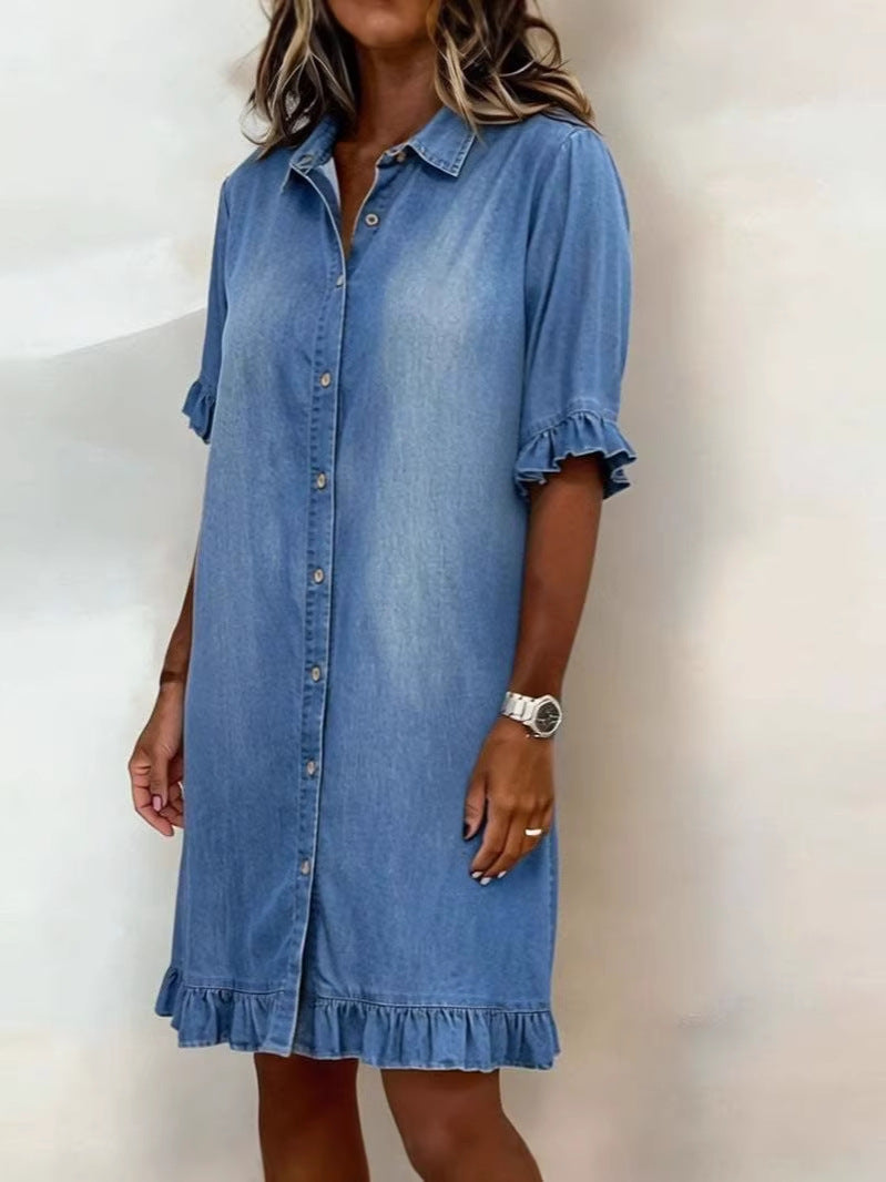 Rochie tip cămașă din denim, cu croială lejeră și volane