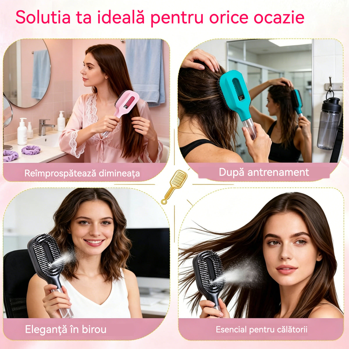 Un pieptene cu funcție de pulverizare printr-o singură atingere, pentru a preveni eficient încurcarea părului.