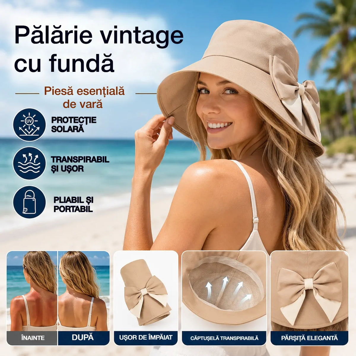 🎀 Piesă esențială de vară 👒 Pălărie vintage cu fundă — pliabilă / respirabilă și confortabilă