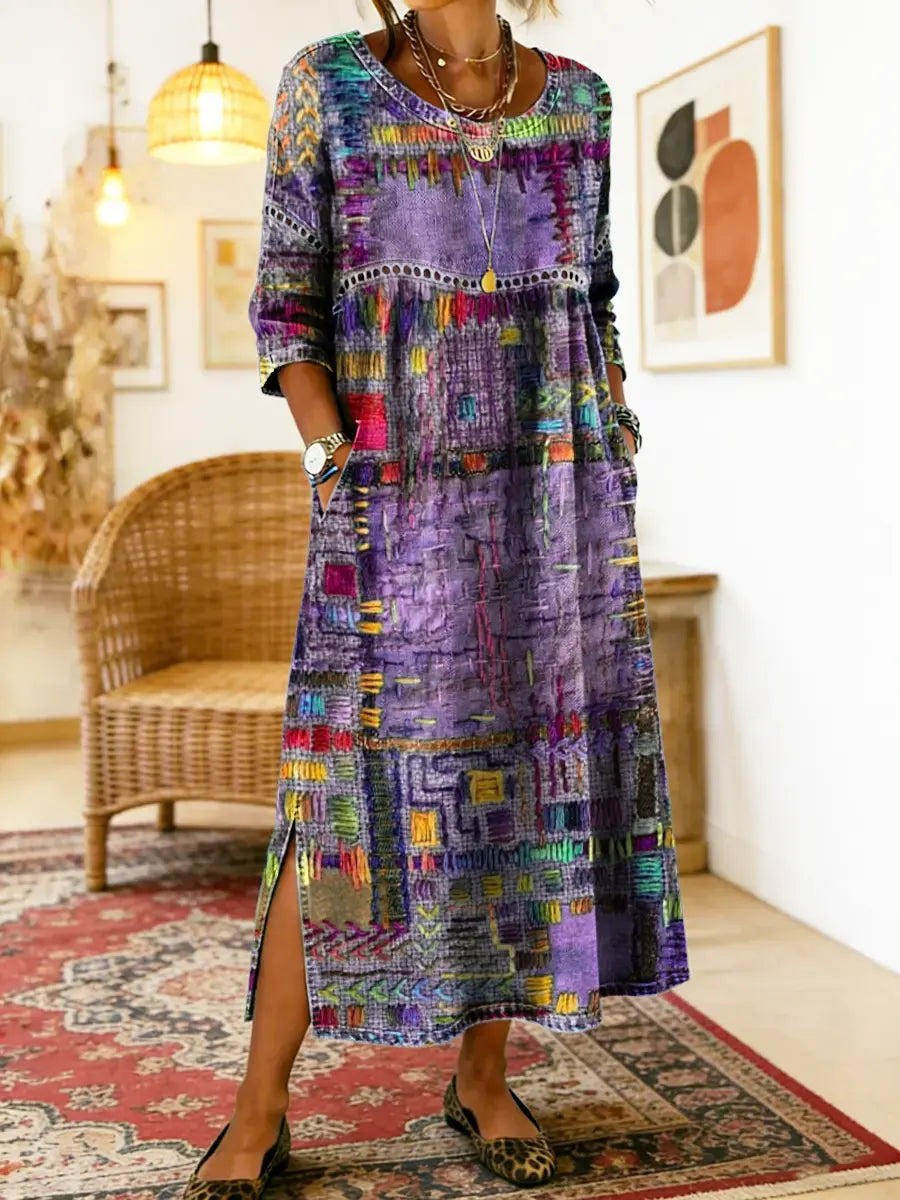 💟【S-5XL】Rochie de damă din bumbac cu imprimeu etnic și patchwork, cu bordură din dantelă