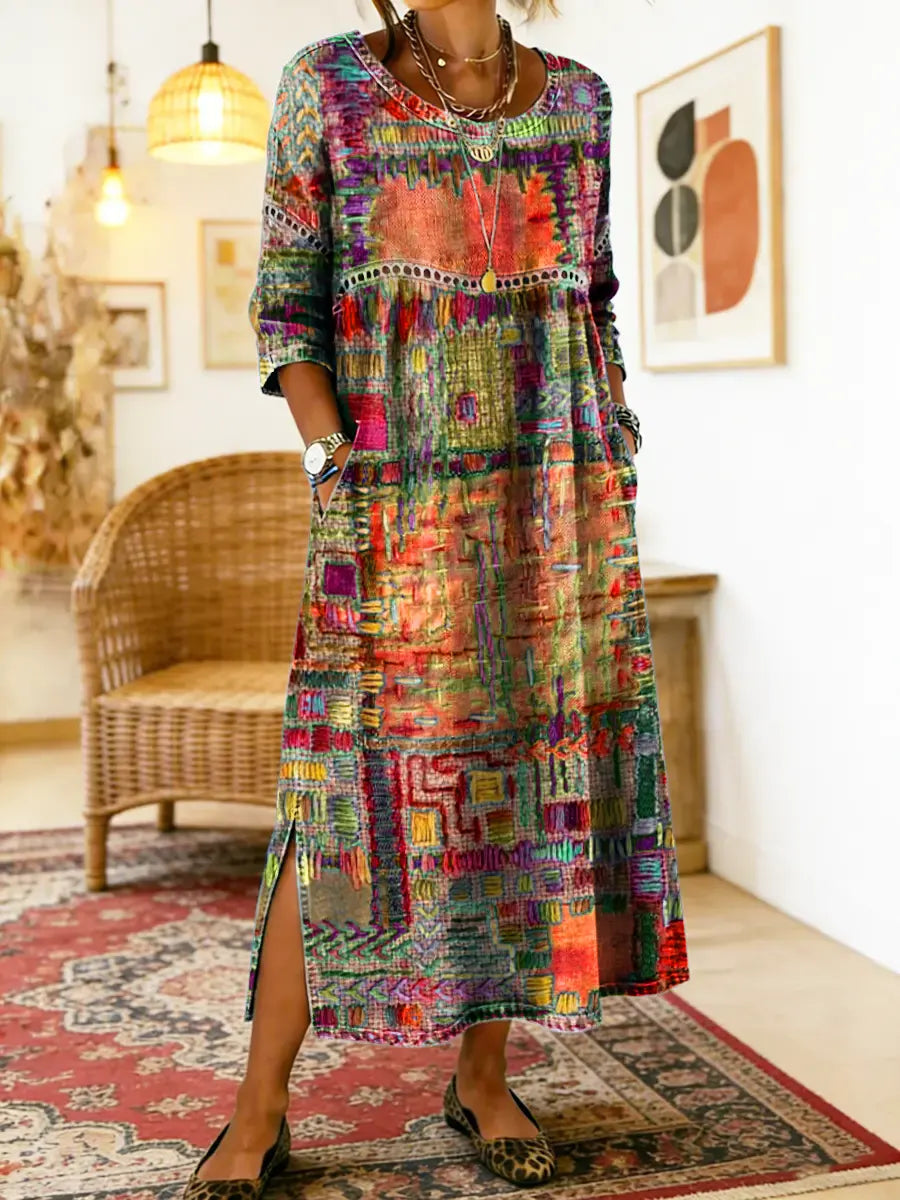 💟【S-5XL】Rochie de damă din bumbac cu imprimeu etnic și patchwork, cu bordură din dantelă
