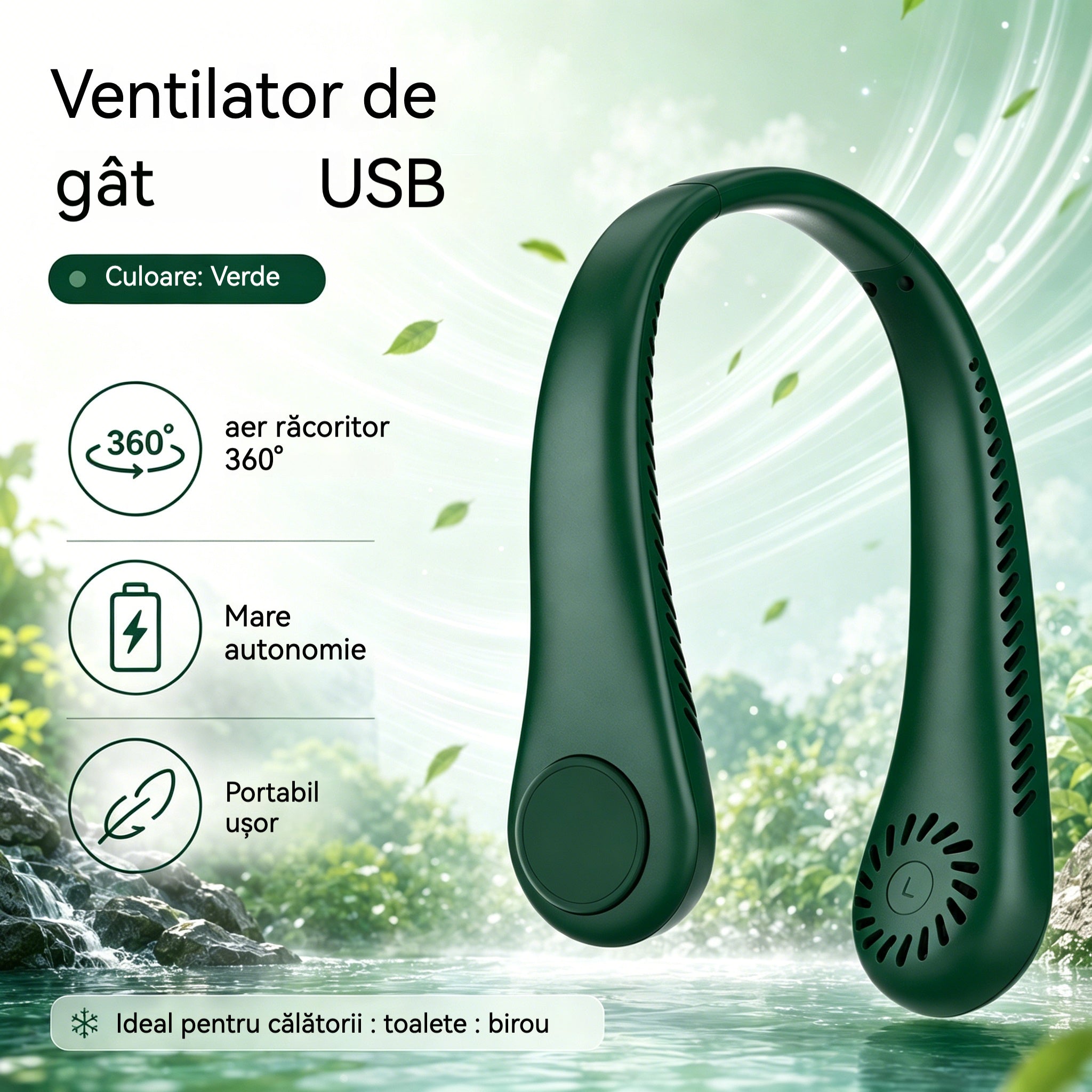 💨 Ventilator Portabil pentru Gât cu Aer Condiționat – Extrem de Silențios, Portabil și Rotativ la 360° – Ideal pentru Vară 🌞