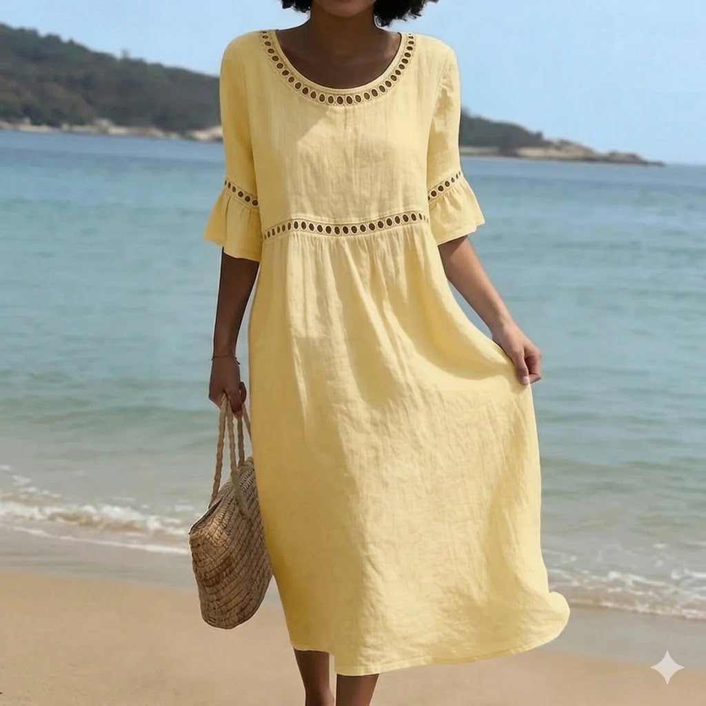 ✨【S–3XL】Rochie damă din bumbac și in, croi lejer, cu decolteu rotund și mâneci bufante, respirabilă și moale, confortabilă la purtare.