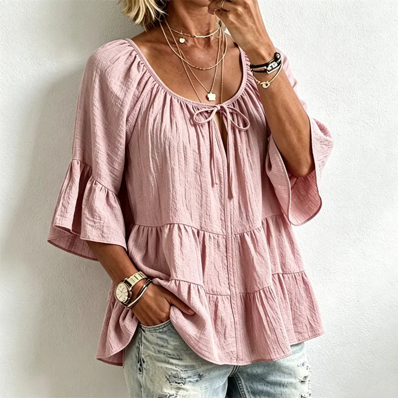 Bluză de Damă Elegantă cu Volane și Șnur la Decolteu, Mâneci Trei Sferturi Tip Clopot, Cămașă Texturată în Stil Boho-Chic, Model Peplum Lejer