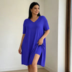 Set de Vară 2 Piese Dama Plus Size, Tricou Lung cu Crăpătură Laterală și Pantaloni Scurți, Material Moale, Elastic și Respirabil