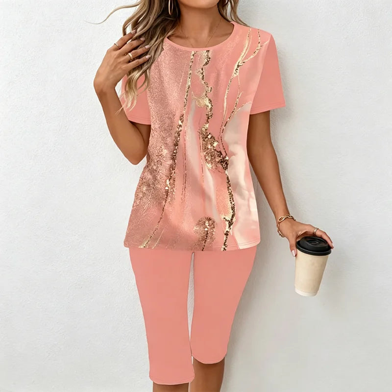 Set Casual de Damă din 2 Piese: Tricou cu Imprimeu Marmură și Pantaloni Capre – Material Moale, Respirabil și Elastic, Stil Lejer de Vară