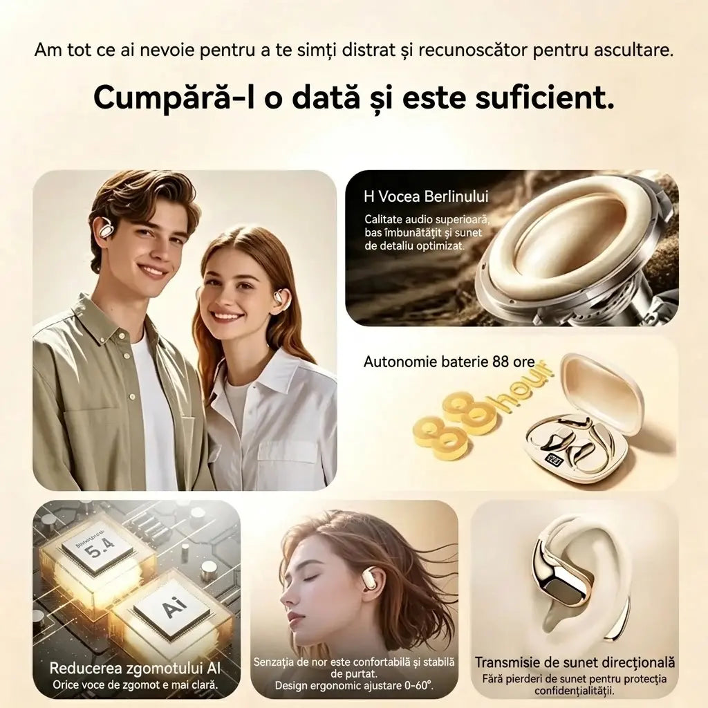 🔋 Căști wireless Bluetooth fără dopuri intraauriculare, cu cârlig pentru ureche și tehnologie de conducție osoasă 🎙️🎧
