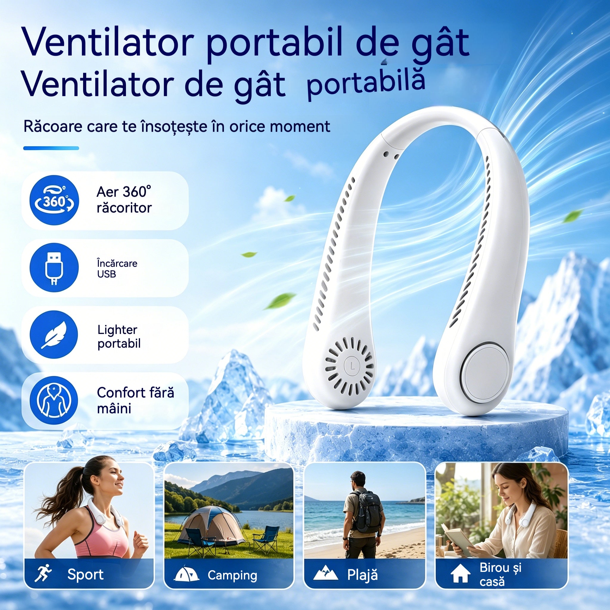 💨 Ventilator Portabil pentru Gât cu Aer Condiționat – Extrem de Silențios, Portabil și Rotativ la 360° – Ideal pentru Vară 🌞