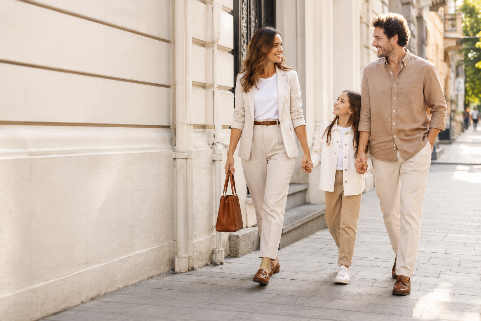 Familie purtând ținute casual în București